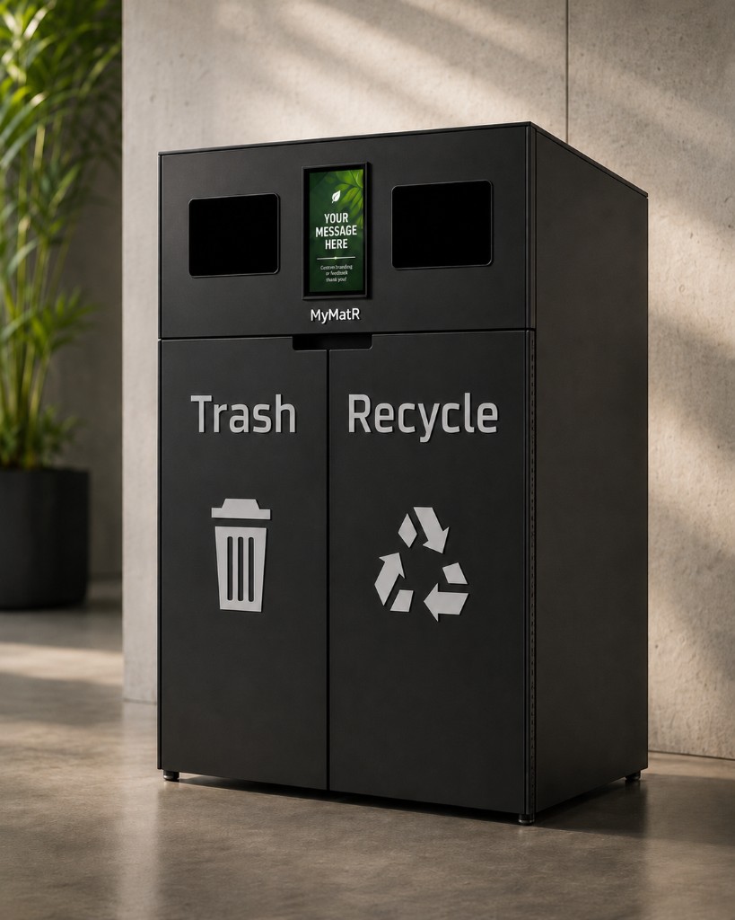 MyMatR Coach dual-stream waste and recycling bin with digital display in a modern indoor setting.
